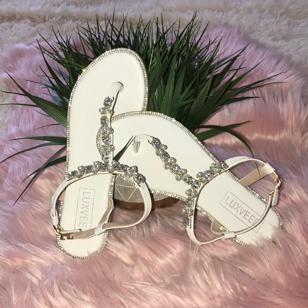Jeweled flat white sandals
